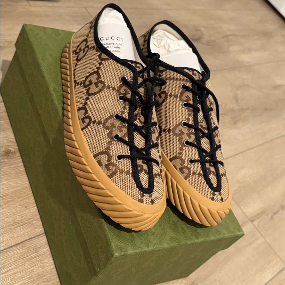 Gucci Tan and Brown Patterned Sneakers